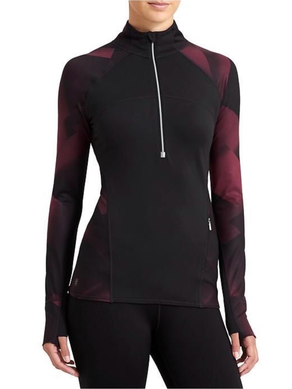 Athleta Running Wild Black Burgundy Half-Zip Performance Pullover Top size XS